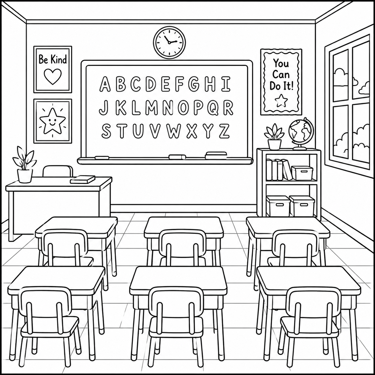 Classroom Scene with Chalkboard coloring page showing student desks, bookshelves, and chalkboard